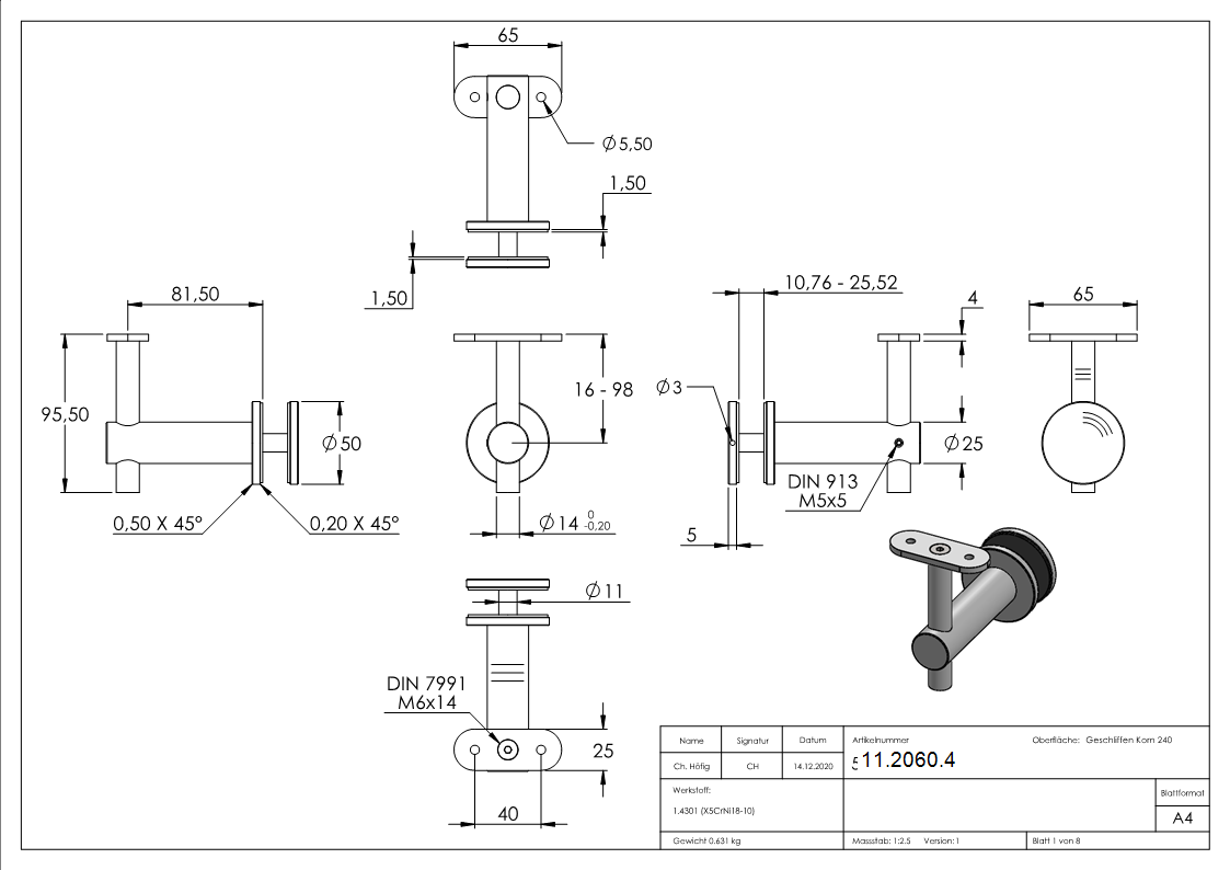 Handlaufhalter V2A Wandabstand 82 mm fuer Glas- Anschlussplatte flach-11-2060.4