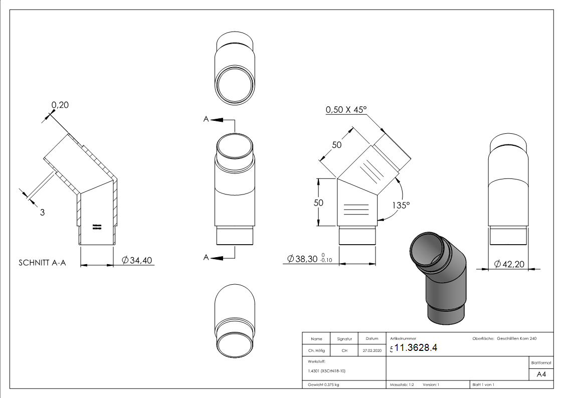Eckbogen 135°, für Rundrohr Ø 42,4x2,0 mm V2A