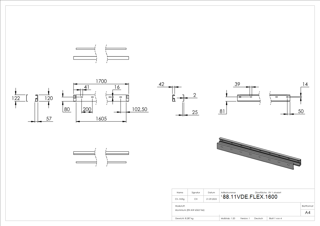 Profil-Set fuer Vordach 1600- Montageprofil 1700 mm- Abdeckung 1605 mm-88-11VDE-FLEX.1600