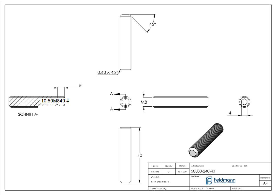 Gewindestift M8 x 40 mm- V2A-10-50M840.4