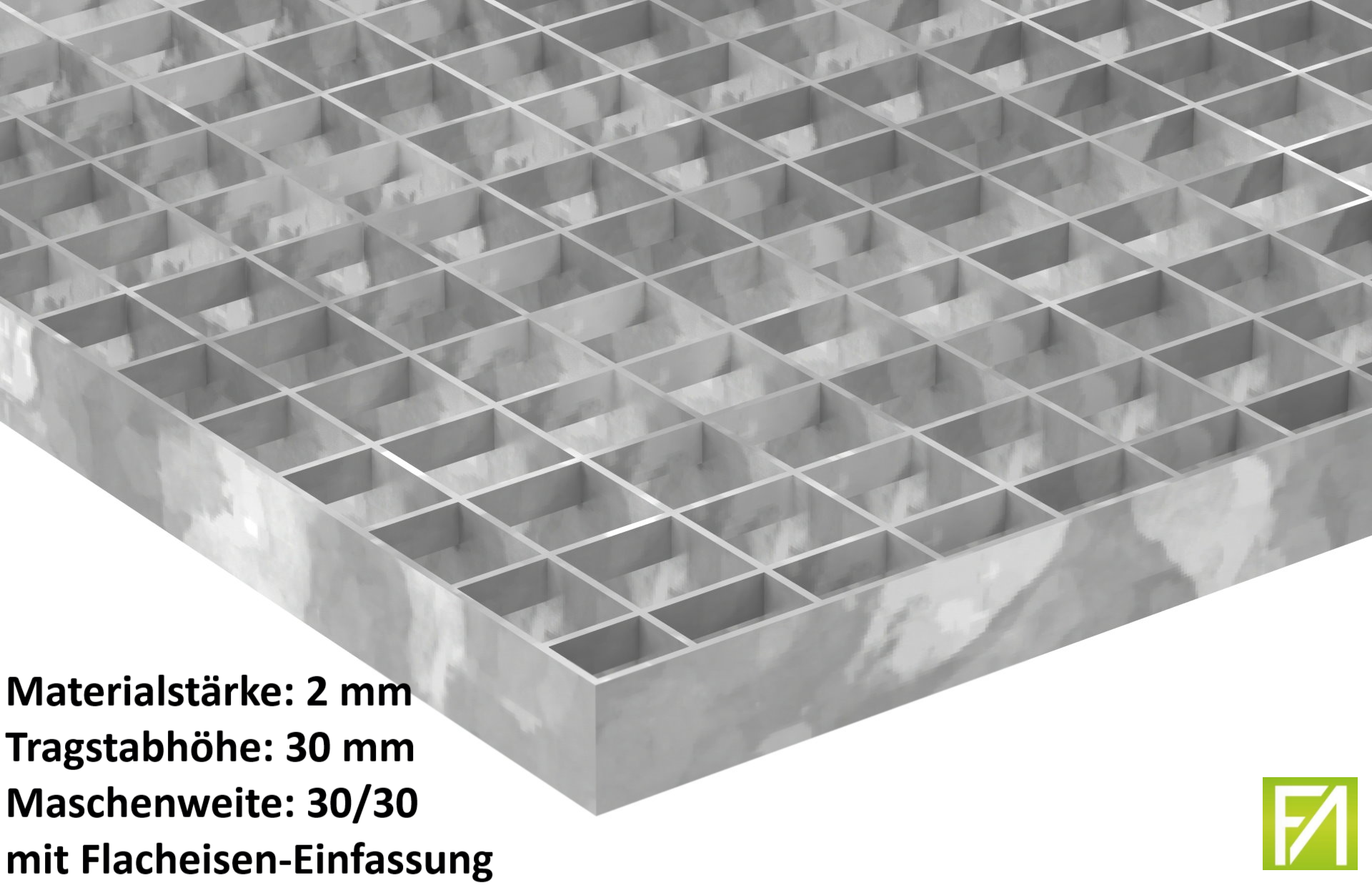 Industrie-Gitterrost | Maße: 800x1000x30 mm; MW 30/30 mm; 30/2 mm | S235JR (St37-2), im Vollbad feuerverzinkt