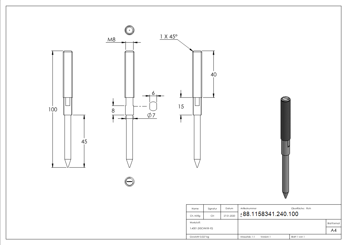 Stockschraube V2A M8x100 mm Edelstahl Rostfrei-88-1158341-240.100