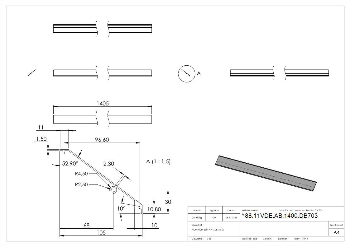 Design-Abdeckung fuer eleganza canopy- L- 1405mm- DB703-88-11VDE-AB-1400.DB703