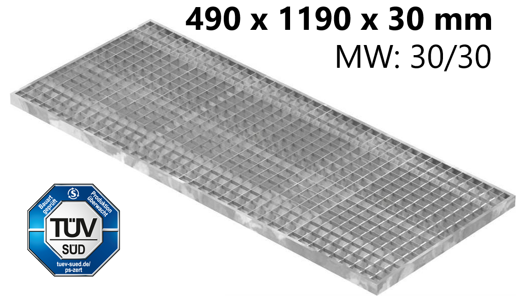 Lichtschachtrost Baunormrost | Maße:  490x1190x30 mm 30/30 mm | aus S235JR (St37-2), im Vollbad feuerverzinkt