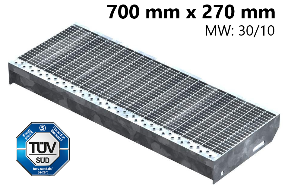 Gitterroststufe Treppenstufe | Maße: 700x270 mm 30/10 mm | S235JR (St37-2), im Vollbad feuerverzinkt