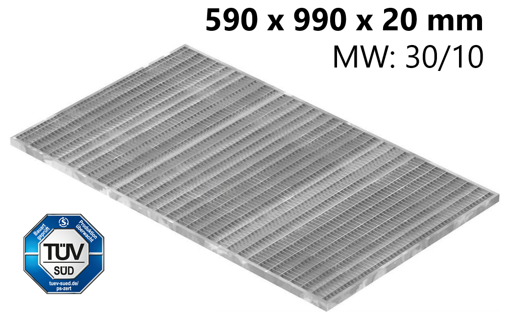 Lichtschachtrost Baunormrost | Maße:  590x990x20 mm 30/10 mm | aus S235JR (St37-2), im Vollbad feuerverzinkt