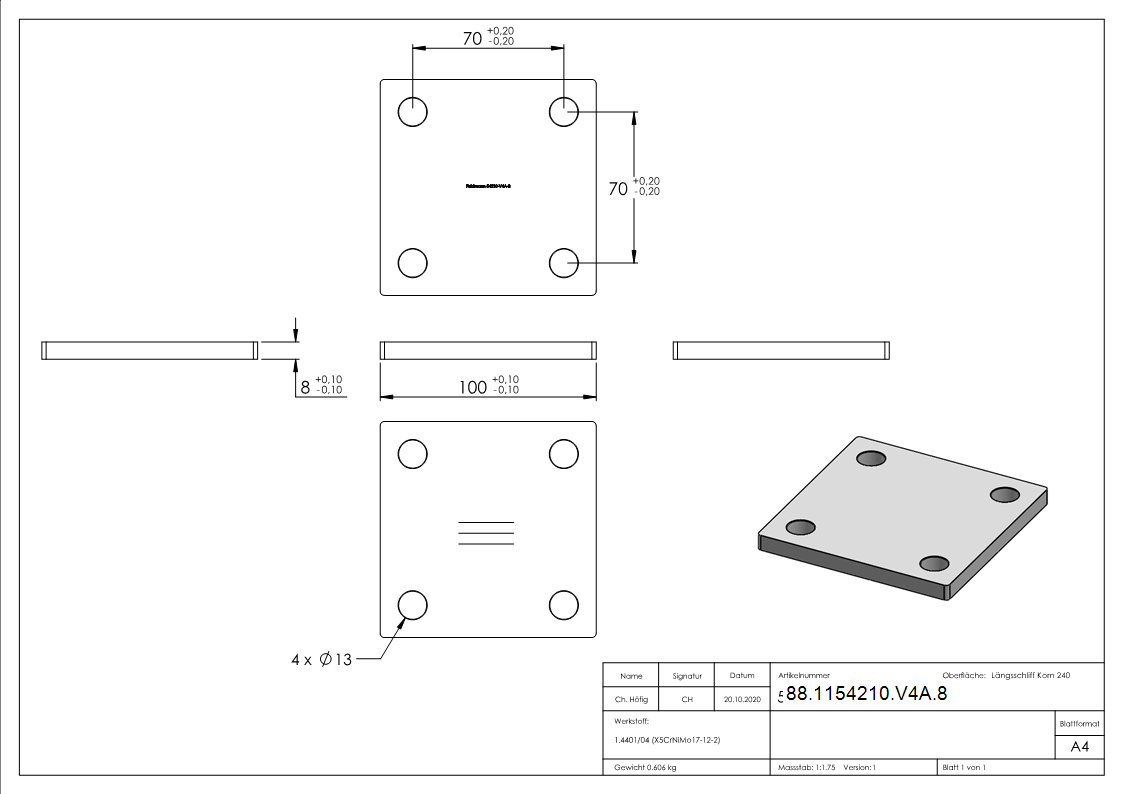 Ankerplatte- 100 x 100 x 8mm- mit Laengsschliff- V4A-88-1154210-V4A.8