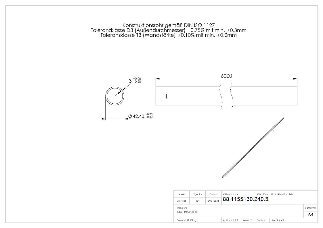 Edelstahlrohr, 42,4 x 3,0mm, Länge: 6000mm Edelstahl