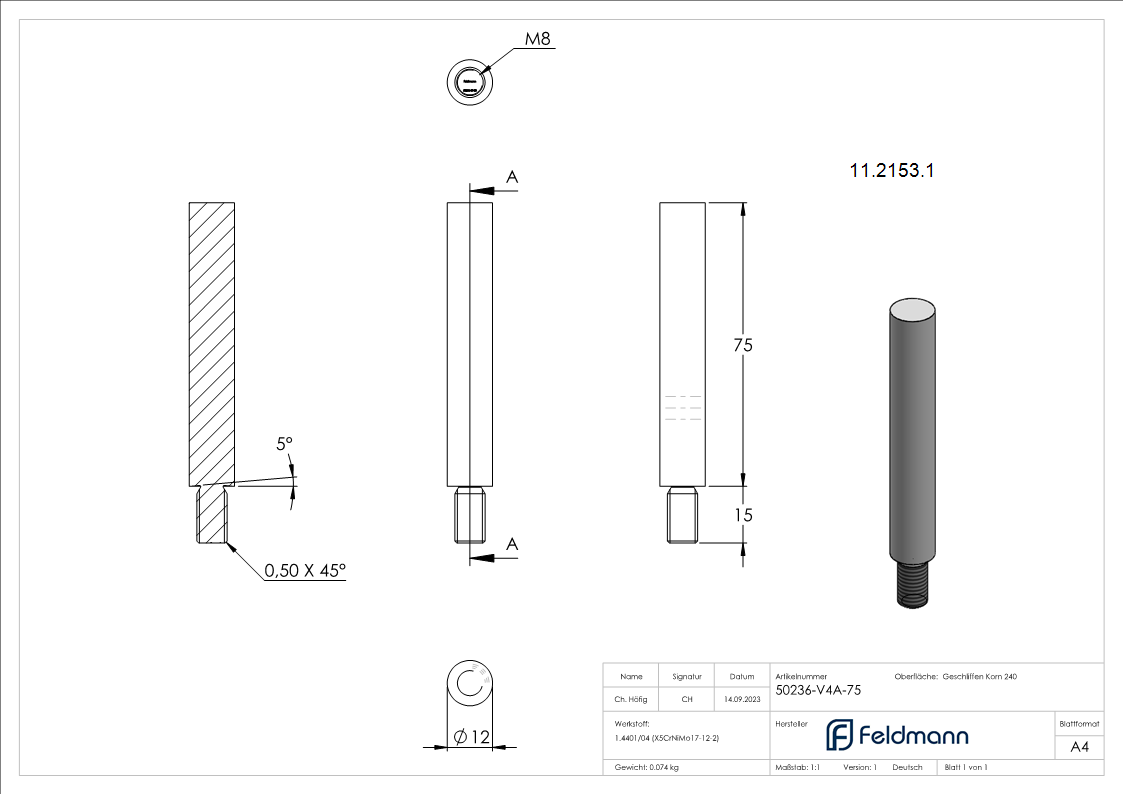 Stift | Maße: 75x12 mm | Gewinde: M8x15 mm | zum Anschweißen | V4A