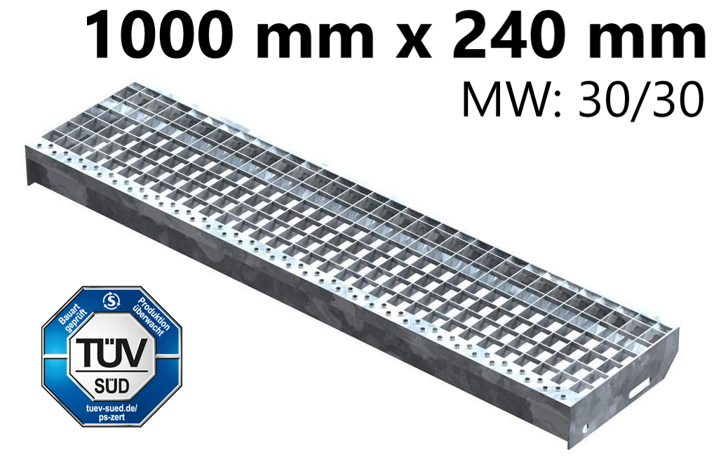 Gitterroststufe Treppenstufe | Maße: 1000x240 mm 30/30 mm | S235JR (St37-2), im Vollbad feuerverzinkt