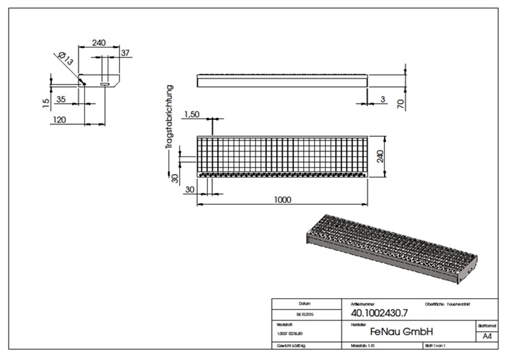 Gitterroststufe Treppenstufe | Maße: 1000x240 mm 30/30 mm | S235JR (St37-2), im Vollbad feuerverzinkt