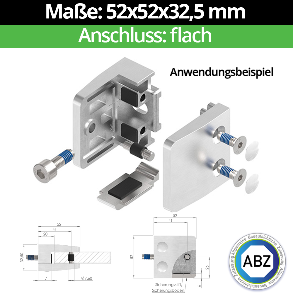 Glasklemme AbZ 52x52x32,5 mm  für Anschluss  Flach | Ø 42,4 mm | Ø 48,3 mm | 60,3 mm