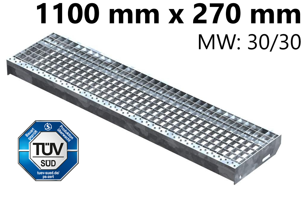Gitterroststufe Treppenstufe | Maße: 1100x270 mm 30/30 mm | S235JR (St37-2), im Vollbad feuerverzinkt