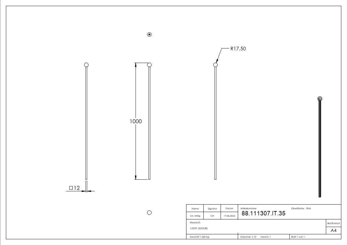 Kugelstab Stahl roh 12 x 12 mm- L 1000 mm- Kugel Ø 35 mm- angeschmiedet-88-111307-IT.35