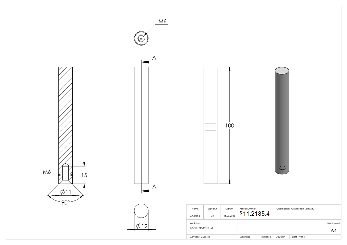 Stift | Maße: 100x12 mm | Innengewinde: M6x15 mm | zum Anschweißen | V2A