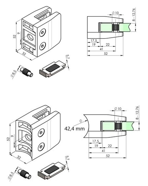 Glasklemme 52x52x32 mm Flach, ZAMAK | Zinkdruckguss, für 8,76 mm VSG Glas