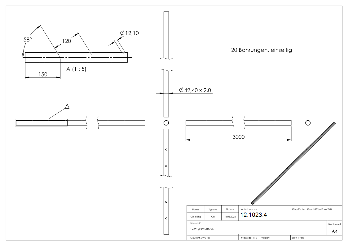 Rundrohr Ø 42,4 x 2,0 mm einseitig gelocht á 3 m Edelstahl