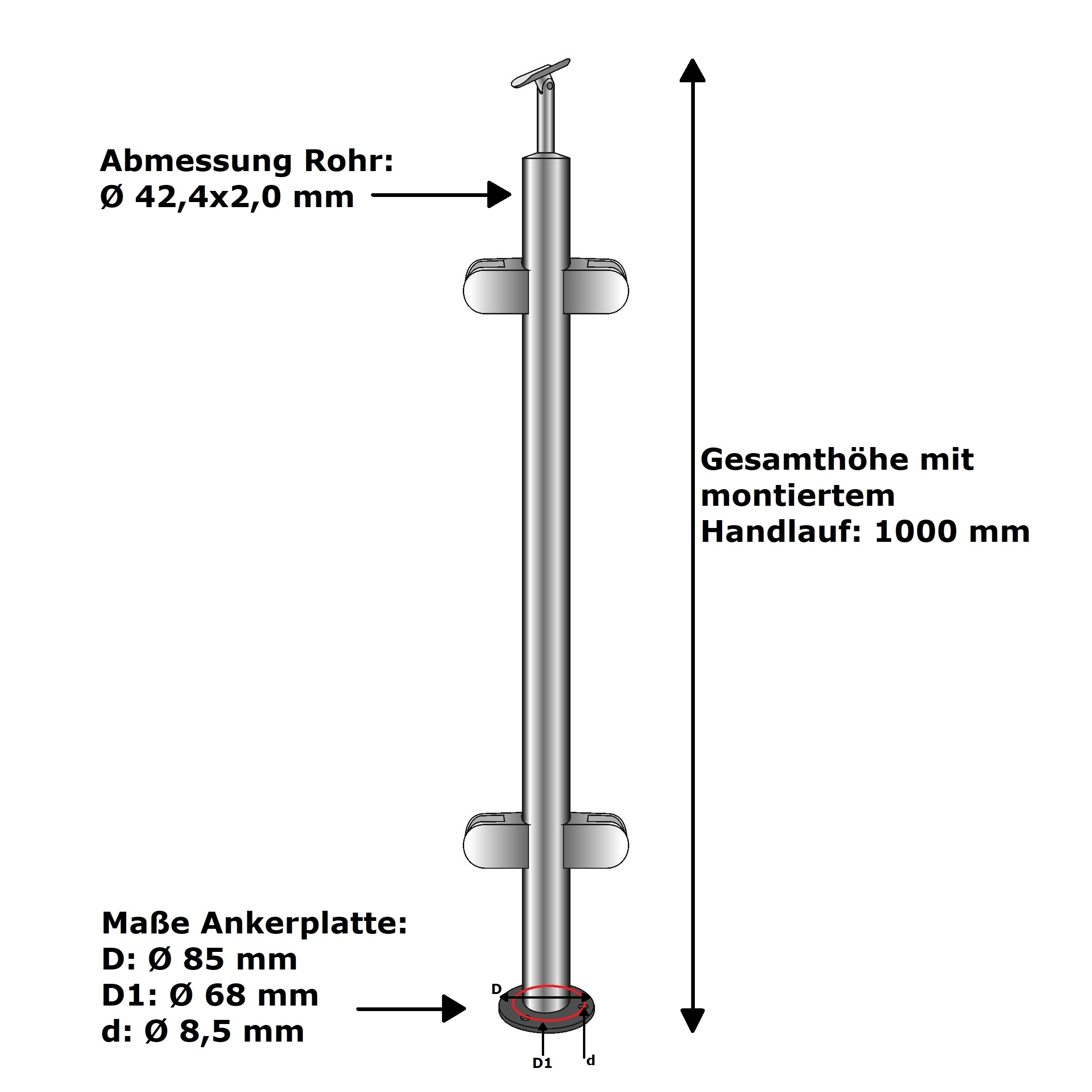 Geländerpfosten | Mittelpfosten ECO | Länge: 1000 mm | für aufgesetzte Montage | V2A
