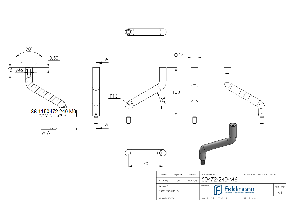 Bügel Ø 14mm, 2x 30° gebogen, V2A