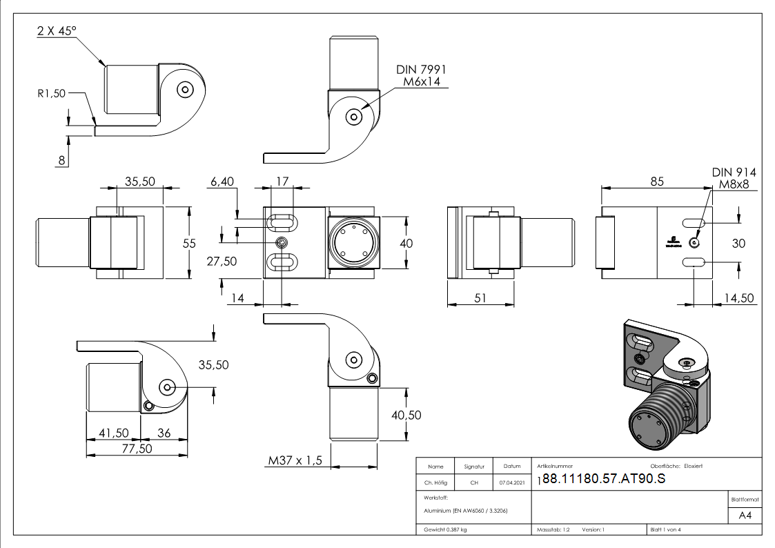 Torband 180° aus Aluminium selbstschließend mit Stopp schraubbar