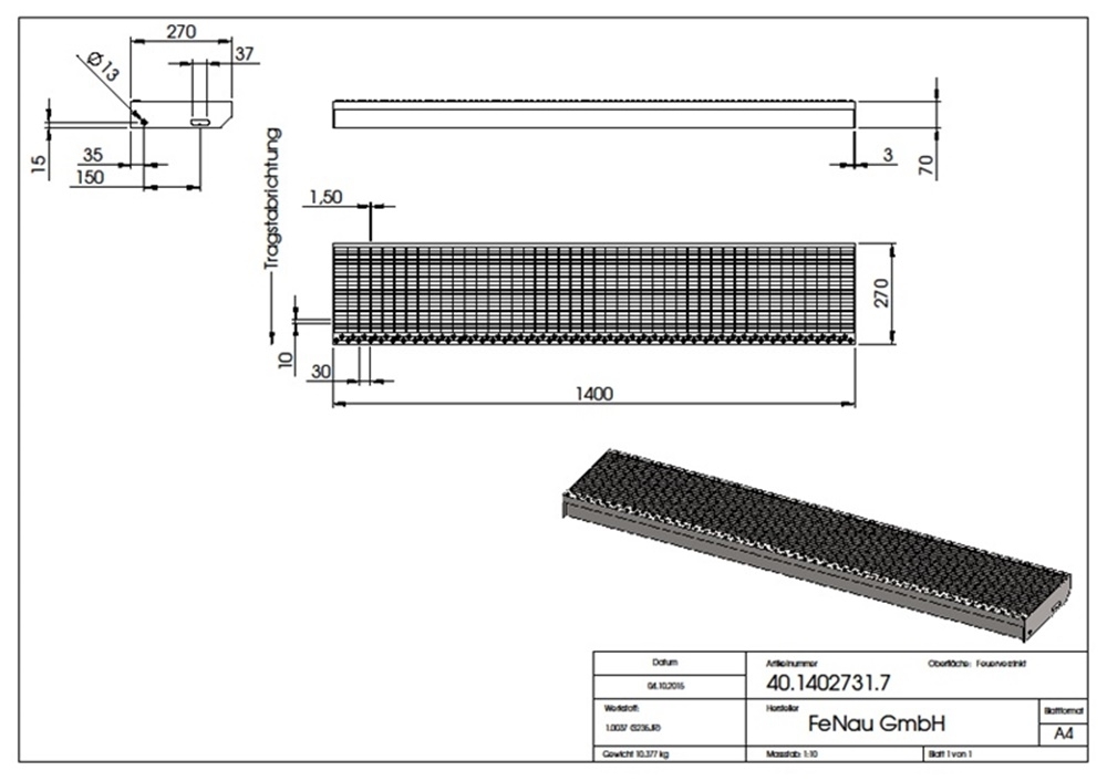 Gitterroststufe Treppenstufe Maße: 1400x270 mm 30/10 mm S235JR (St37-2), im Vollbad feuerverzinkt