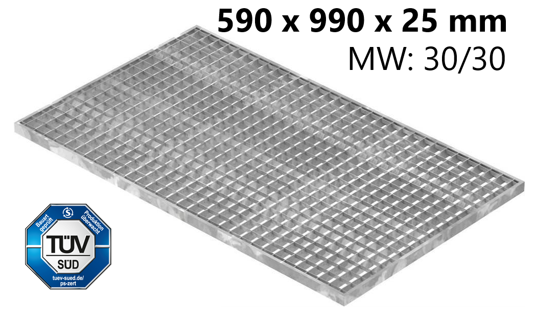 Lichtschachtrost Baunormrost | Maße:  590x990x25 mm 30/30 mm | aus S235JR (St37-2), im Vollbad feuerverzinkt