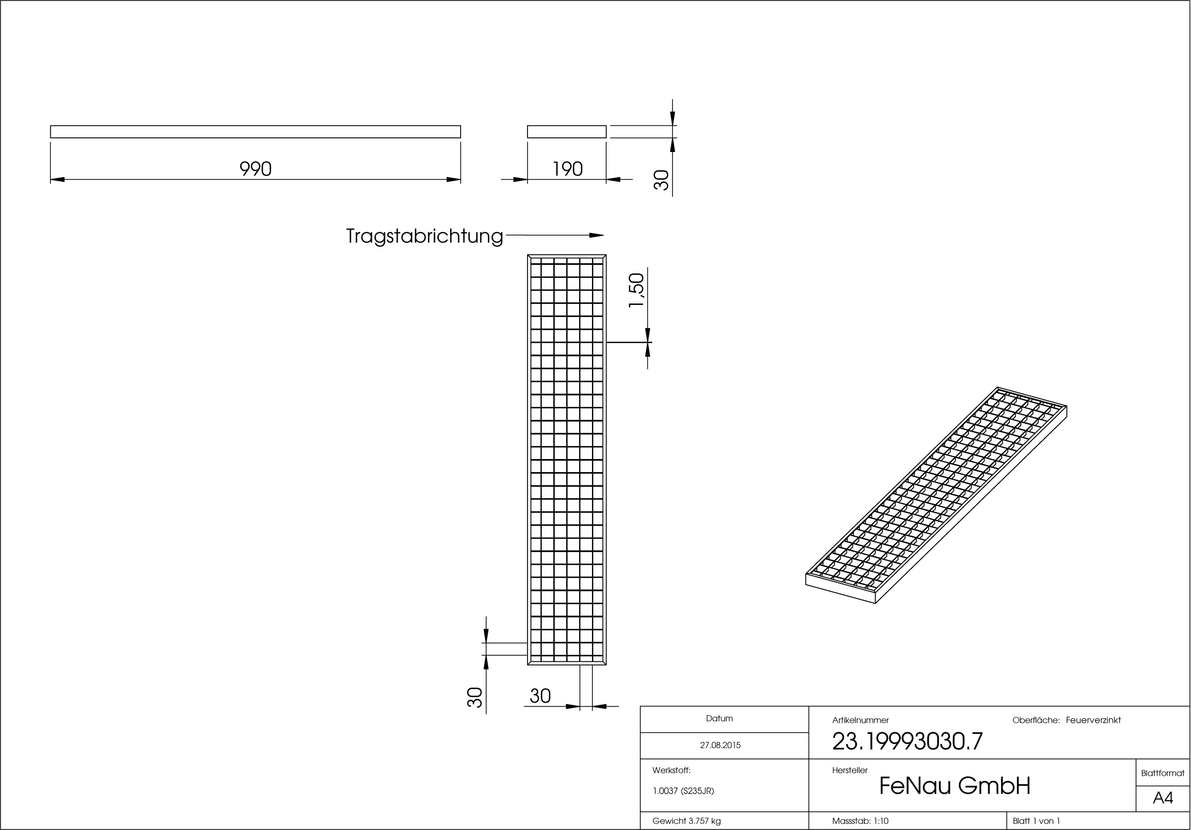 Garagen-Gitterrost | Maße:  190x990x30 mm 30/30 mm | aus S235JR (St37-2), im Vollbad feuerverzinkt