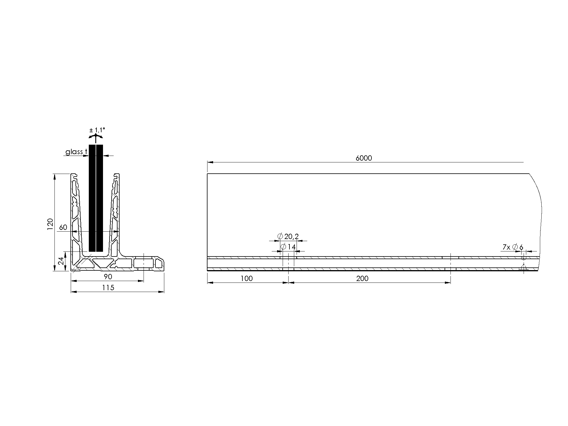 Ganzglasgelaenderprofil Aluminium 6000 mm fuer Glas 12-17-52 mm Oberverankerung Satin-ELOX-89-11AL0006UNO6000SE-A.4
