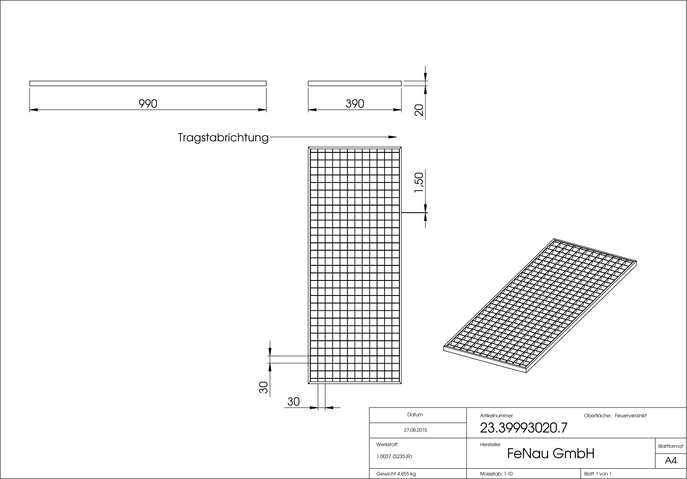 Lichtschachtrost Baunormrost | Maße:  390x990x20 mm 30/30 mm | aus S235JR (St37-2), im Vollbad feuerverzinkt