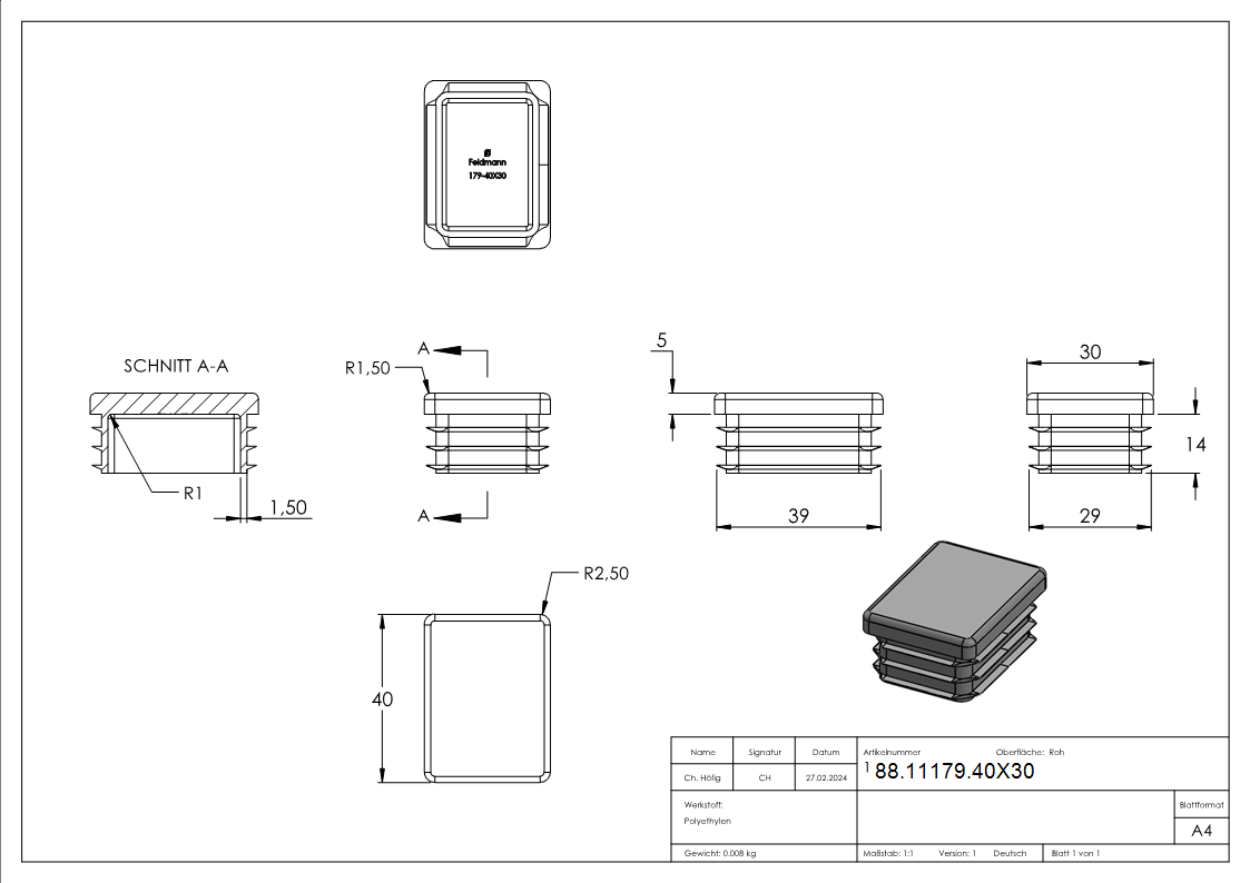 Kunststoffkappe für Rechteckrohr 40x30mm