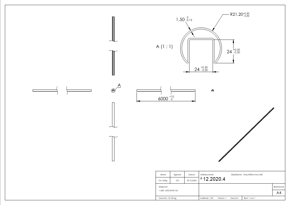 Nutrohr Masse- Ø 42-4x1-5 mm mit Nut- 24x24 mm Laenge- 6000 mm V2A Edelstahl-12-2020.4