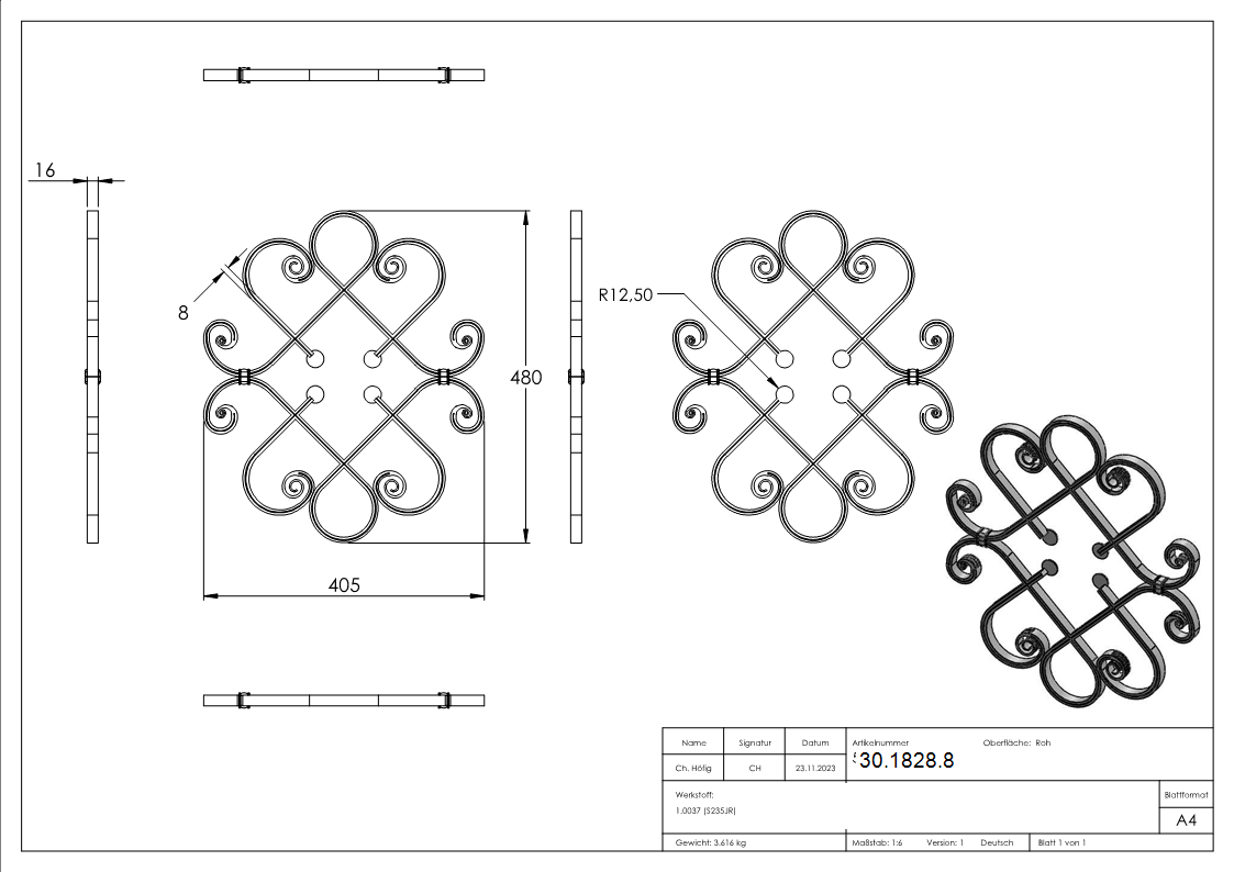 Schwerbarock | Maße: 405x480 mm | Material: 16x8 mm, gerillt | Stahl S235JR, roh