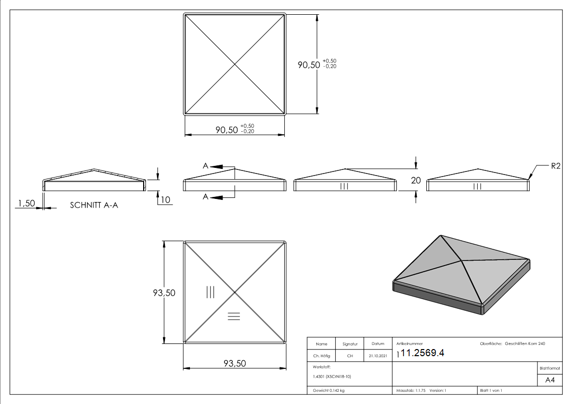 Pfostenkappe Edelstahl fuer Vierkantrohr- 90x90 mm geschliffen V2A-11-2569.4