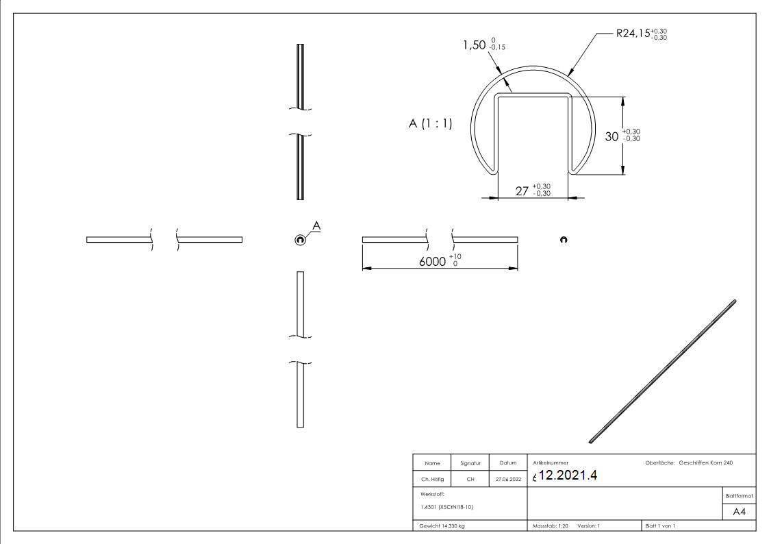 Nutrohr Maße: Ø 48,3x1,5 mm mit Nut: 27x30 mm Länge: 6000 mm V2A Edelstahl