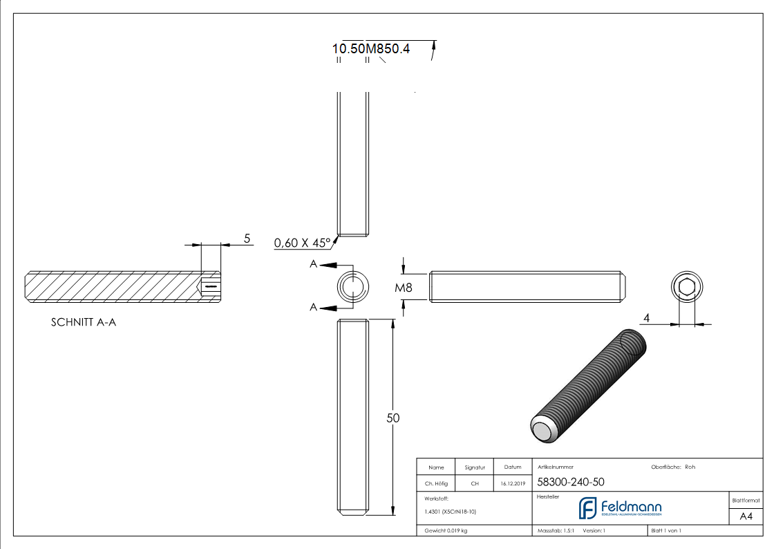 Gewindestift V2A M8 x 50 mm Innensechskant Kegelkuppe DIN 913-10-50M850.4