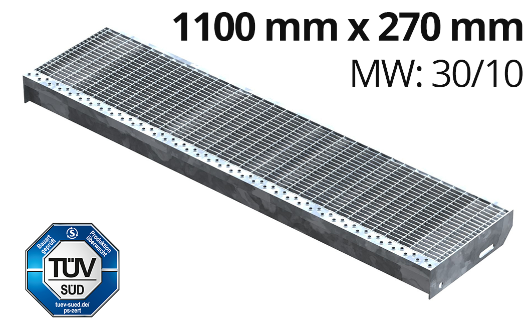 Gitterroststufe Treppenstufe Maße: 1100x270 mm 30/10 mm S235JR (St37-2), im Vollbad feuerverzinkt