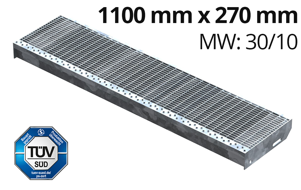 Gitterroststufe Treppenstufe | Maße: 1100x270 mm 30/10 mm | S235JR (St37-2), im Vollbad feuerverzinkt