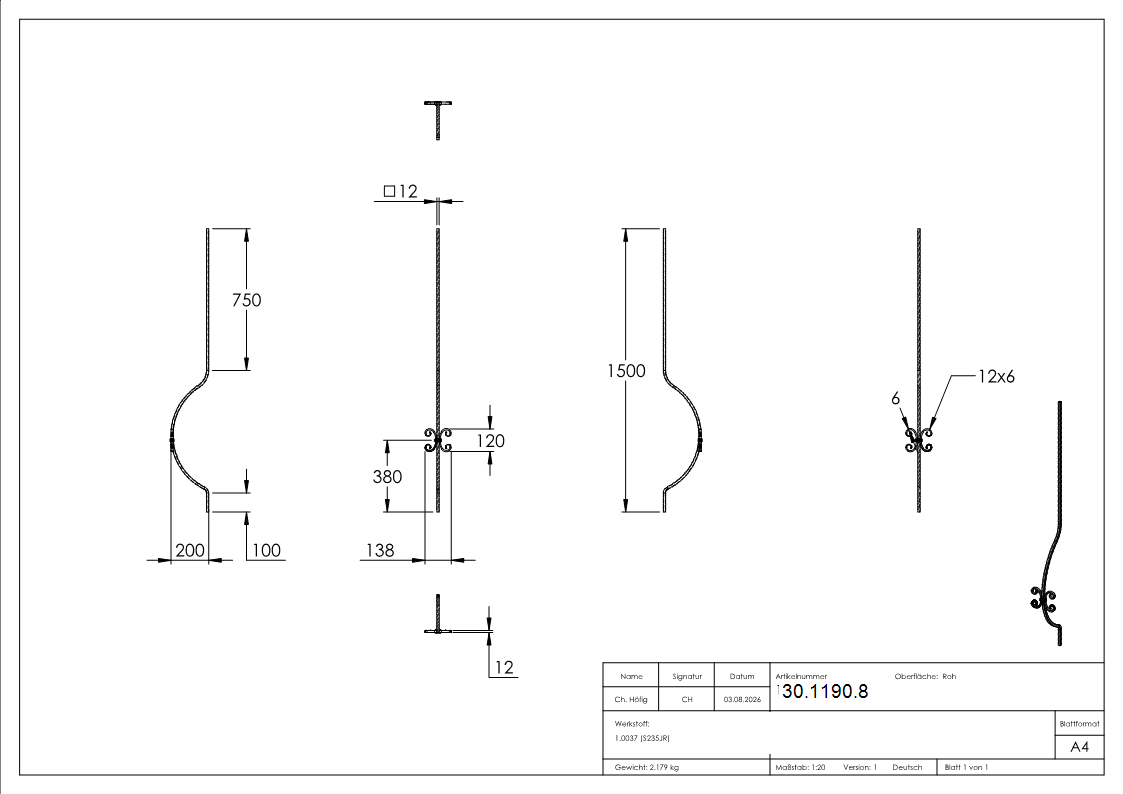 Bauchstab Laenge- 1500 mm Material- 12x12 mm Stahl S235JR- roh-30-1190.8