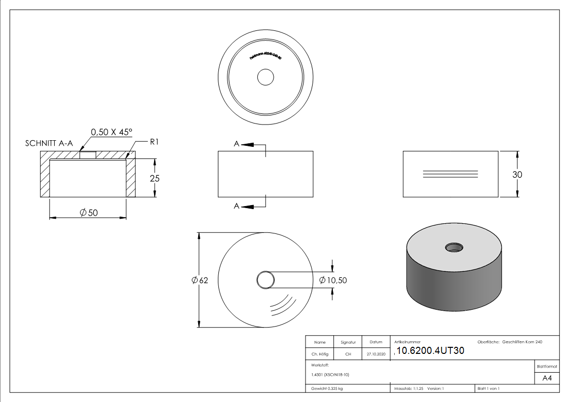 Glas-Punkthalter Ø 62 mm Unterteil | Höhe 30 mm | V2A