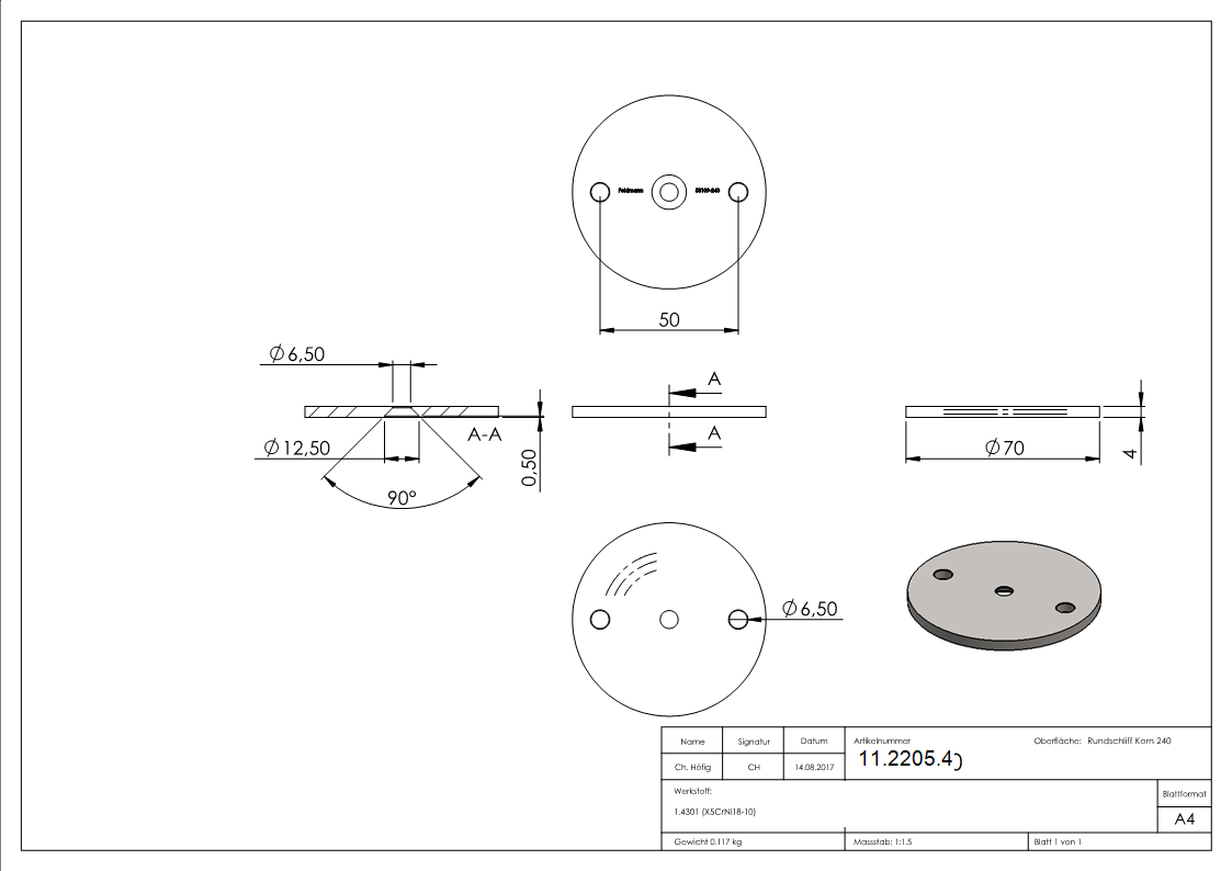 Ankerplatte Ø 70 x 4 mm mit Zentrierbohrung- Ø 6-5 mm- gesenkt V2A-11-2205.4