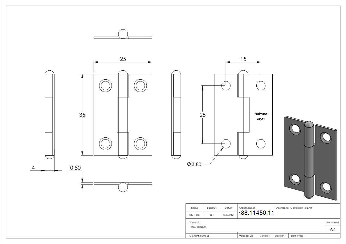 Scharnier 35 x 22mm mit festen Zapfen