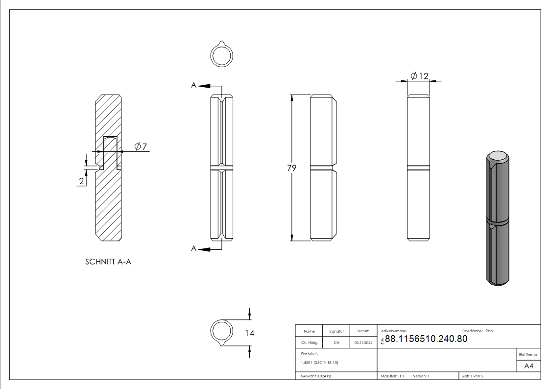 Anschweissband Edelstahl V2A L 80 mm Ø 12 mm Bolzen Ø 7 mm festem Stift geschliffen Korn 240-88-1156510-240.80