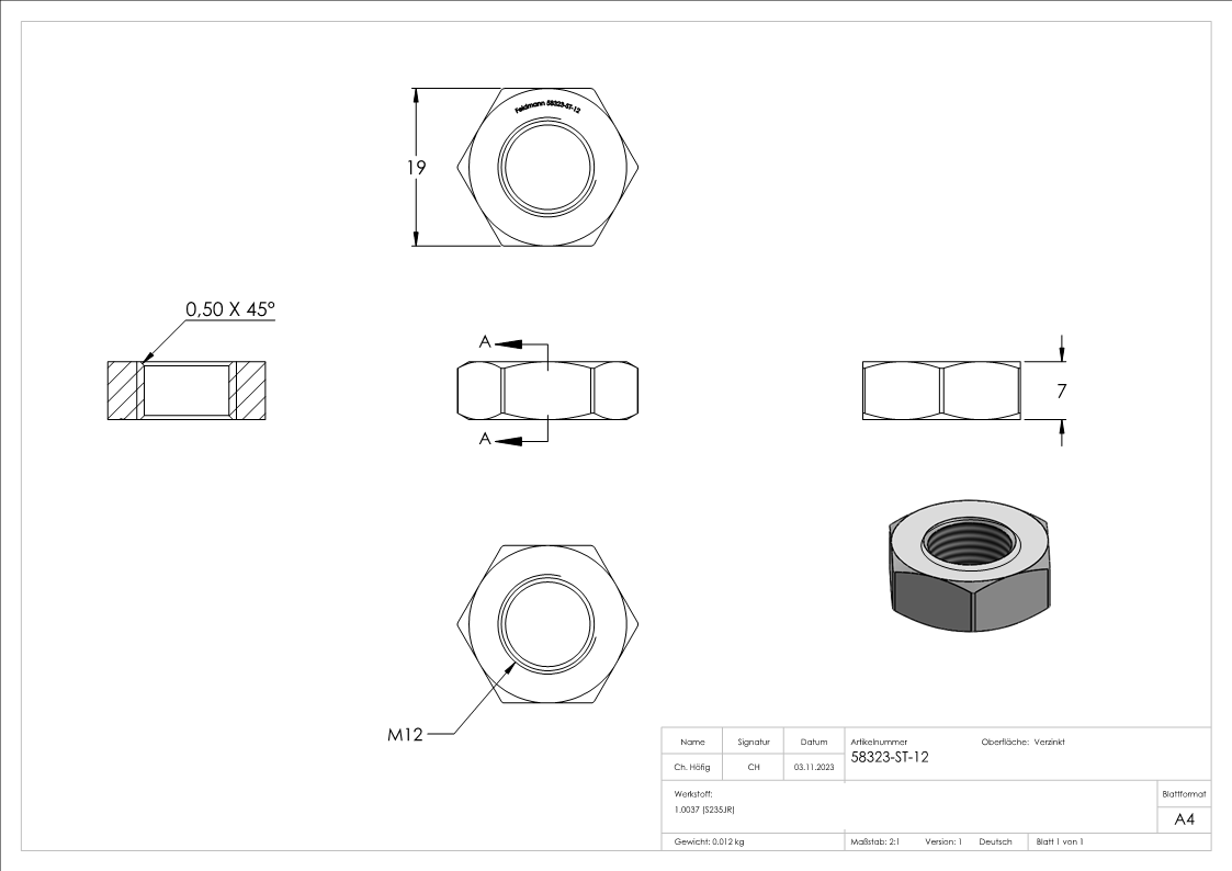 Sechskantmutter M12, flache Form