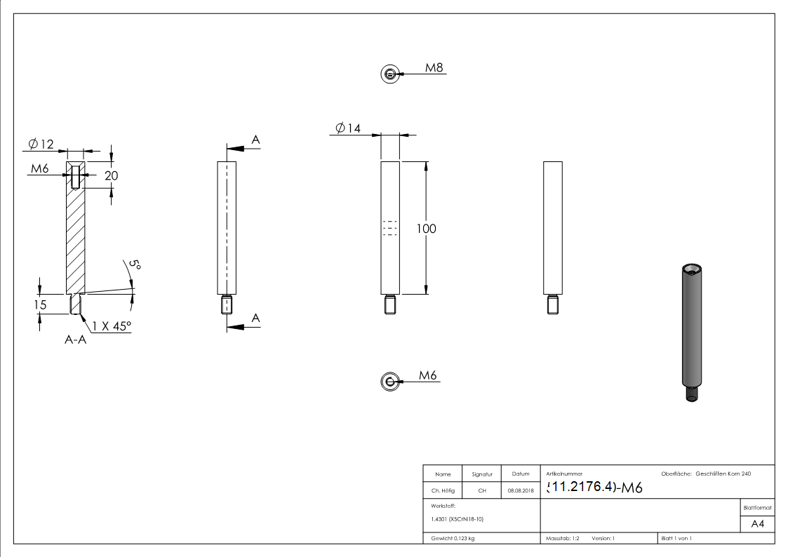 Edelstahl Traegerstift Ø 14 x 100 mm - mit Aussen- - Innengewinde -V2A-11-2176.4
