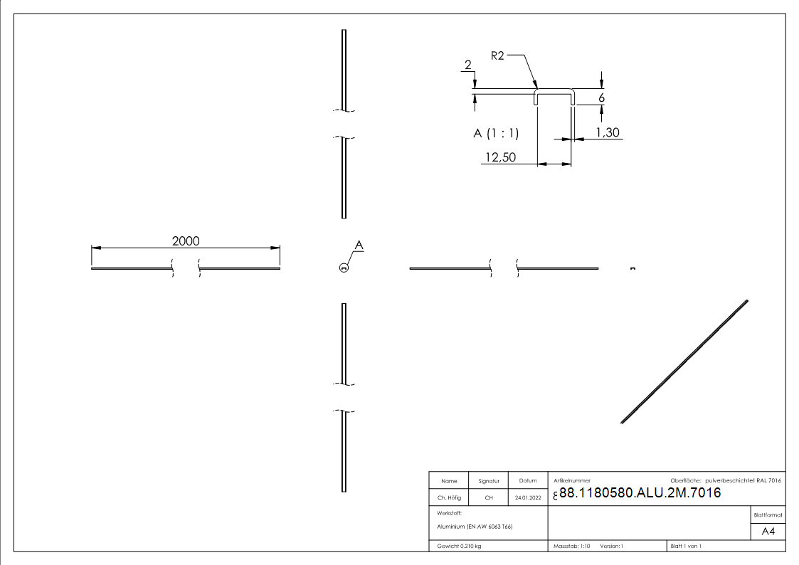 Kantenschutz EXTRA SLIM, für Glas 10,00 - 11,52mm, L=2m, Aluminium RAL 7016