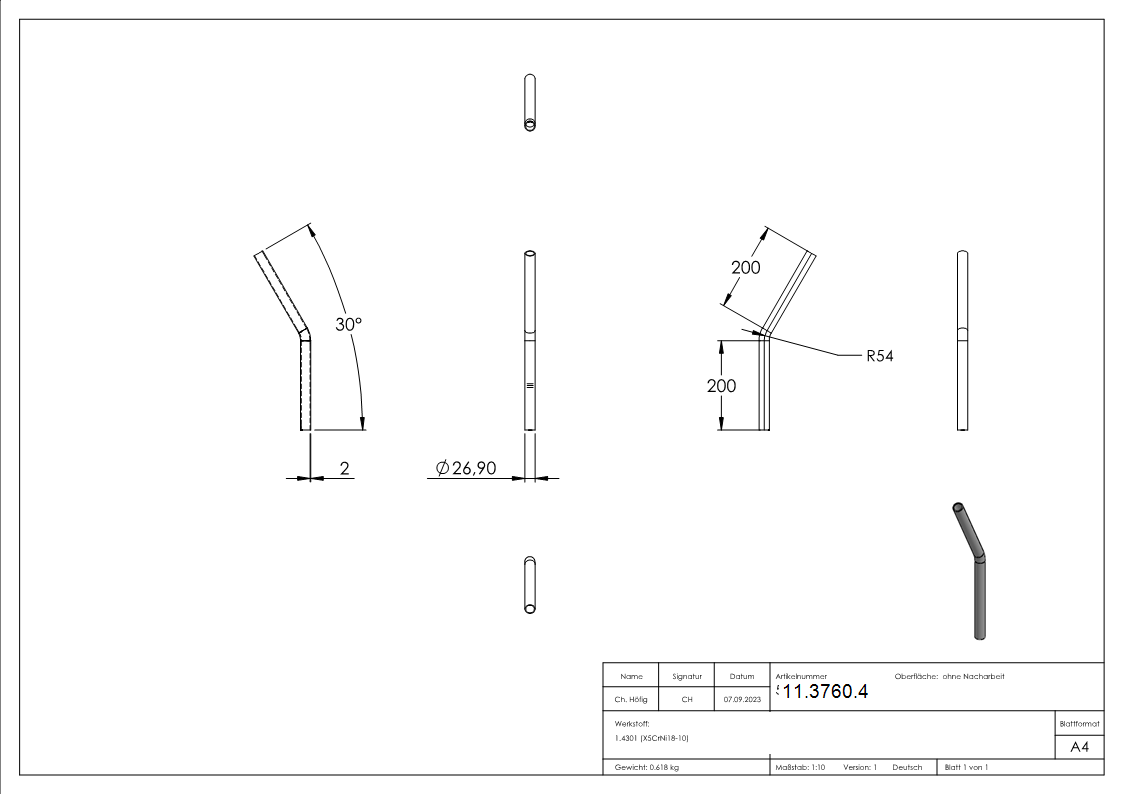 Bogen 30° zum Schweissen aus Rundrohr- Ø 26-9x2-0 mm V2A-11-3760.4