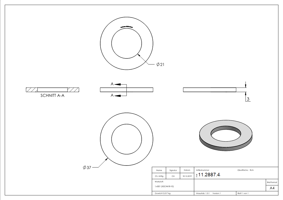 Beilagscheibe | für Gewinde M20 | DIN 125-1, A2 | V2A