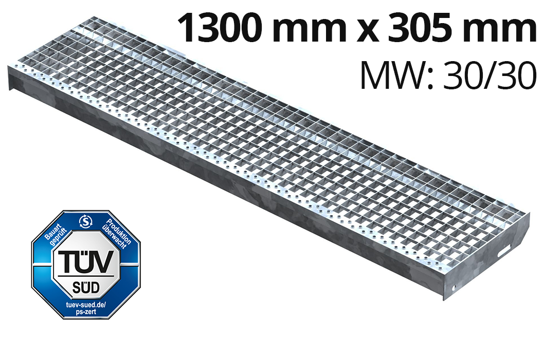 Gitterroststufe Treppenstufe | Maße: 1300x305 mm 30/30 mm | S235JR (St37-2), im Vollbad feuerverzinkt