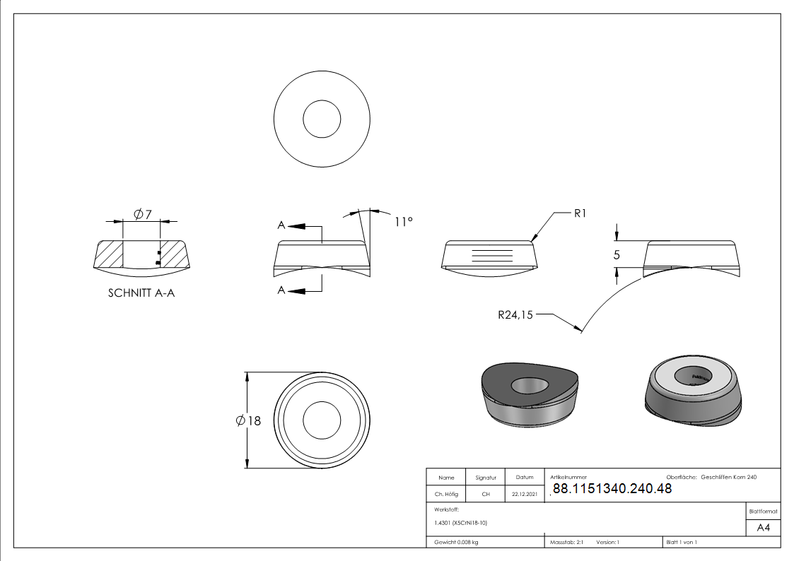 Ausgleichsstueck Edelstahl V2A Ø 48-3 mm- Ø 18 mm- Bohrung Ø 7 mm- geschliffen 240-88-1151340-240.48