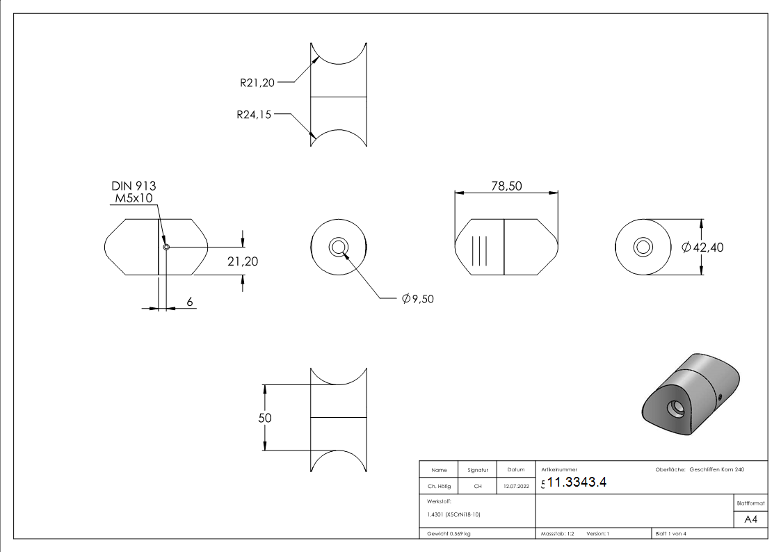 Rohrverbindungsstueck verstellbar fuer Rundrohr Ø 42-4 mm V2A-11-3343.4